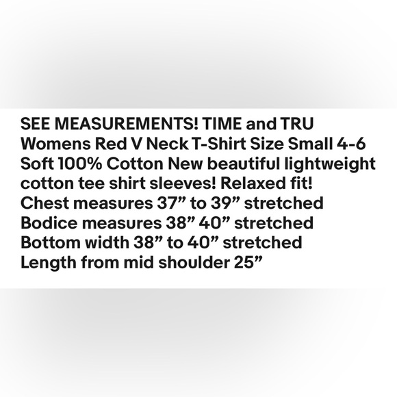 TIME and TRU Womens Red V Neck T-Shirt Size Small 4-6 Soft 100% Cotton New - Picture 8 of 8